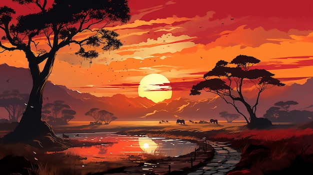 Sceneria zachodu słońca na horyzoncie w Afryce z akacjami na wzgórzach w tle
