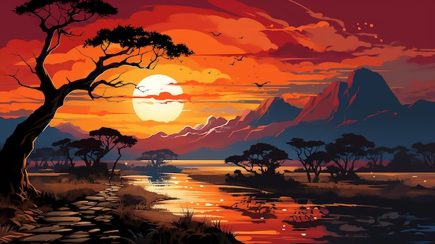 Sceneria zachodu słońca na horyzoncie w Afryce z akacjami na wzgórzach w tle