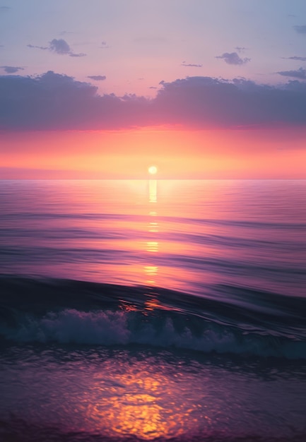 Sceneria ze słońcem zachodzącym nad oceanem stworzona przy użyciu technologii generatywnej AI