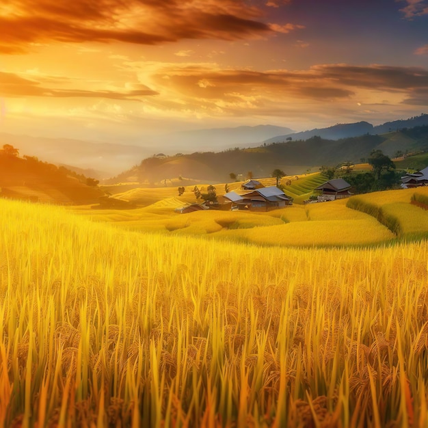Sceneria złotych pól ryżowych Nieostrość krajobrazu pól ryżowych z zachodem słońca