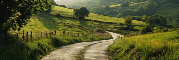 Scenic Country Road Meandering Through Lush Green Countryside Generatywna sztuczna inteligencja