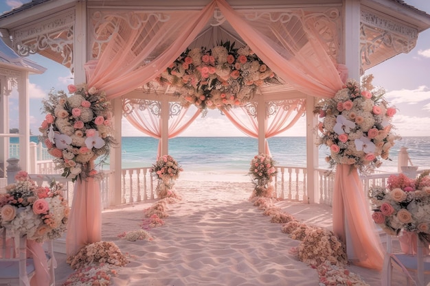 Scenic Seaside Wedding Ceremony Setup z pastelowymi kwiatowymi dekoracjami i oceanicznym tłem