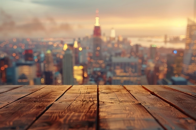 Scenic Urban Sunset View Over Wooden Balcony Surface Warm Cityscape Background with Dramatic Sky