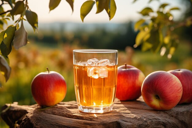 Sceniczne ujęcie sadów jabłkowych z szklanką soku na pierwszym planie