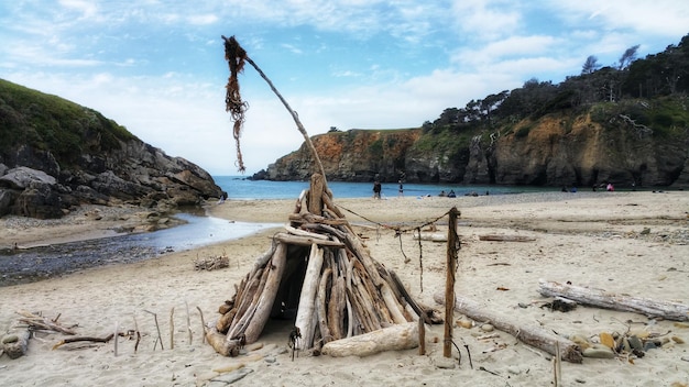 Zdjęcie sceniczny widok driftwood teepee na plaży oceanicznej na tle nieba