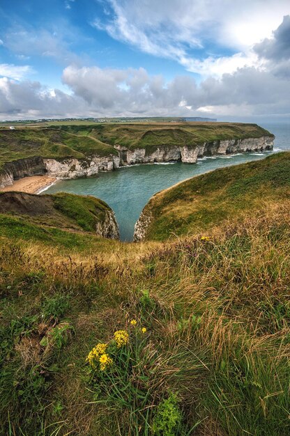 Sceniczny widok głowy Flamborough na chmurnym niebie