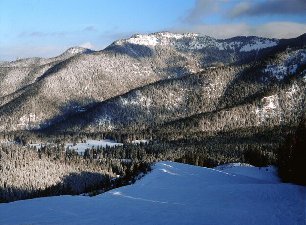 Zdjęcie sceniczny widok gór na tle nieba w zimie