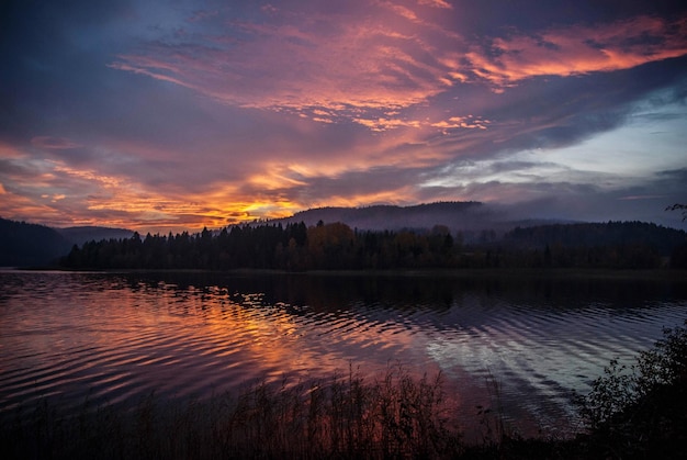 Sceniczny widok jeziora na chmurnym niebie podczas zachodu słońca