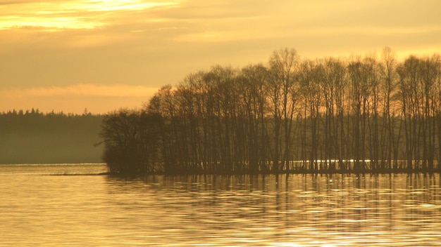 Zdjęcie sceniczny widok jeziora na pomarańczowym niebie przy zachodzie słońca