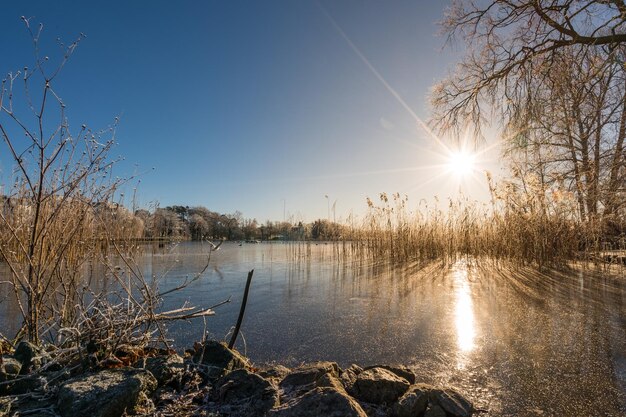 Zdjęcie sceniczny widok jeziora na tle nieba w zimie