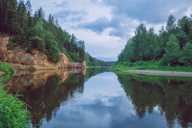 Zdjęcie sceniczny widok jeziora przez drzewa na tle nieba