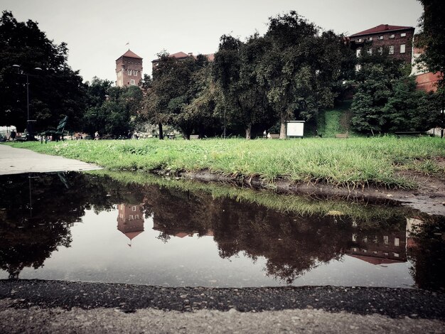 Sceniczny widok kałuży deszczowej przy historycznych budynkach na tle nieba