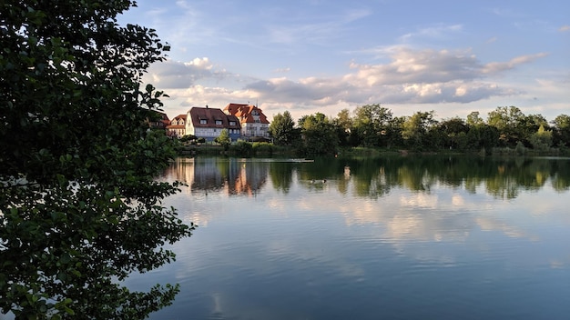 Zdjęcie sceniczny widok na jezioro przez drzewa i budynki na tle nieba