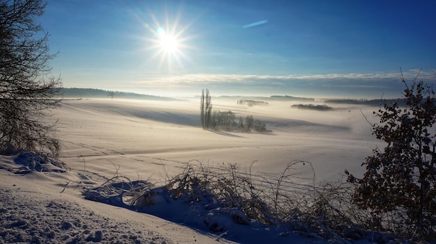 Zdjęcie sceniczny widok pokrytego śniegiem krajobrazu na tle nieba