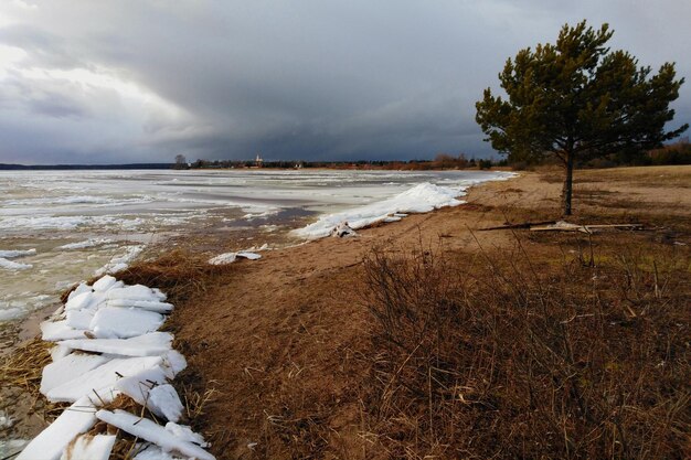 Sceniczny widok pokrytego śniegiem lądu na tle nieba