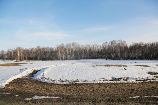 Zdjęcie sceniczny widok pokrytego śniegiem pola na tle nieba