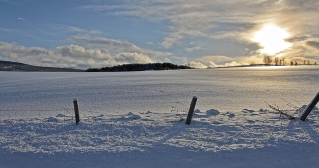 Sceniczny widok pokrytego śniegiem pola na tle nieba