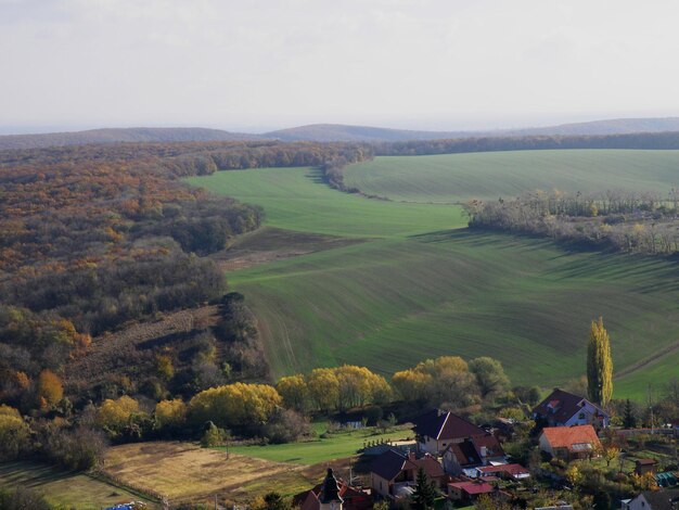 Zdjęcie sceniczny widok pola rolniczego na tle nieba