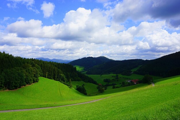 Zdjęcie sceniczny widok pola rolniczego na tle nieba