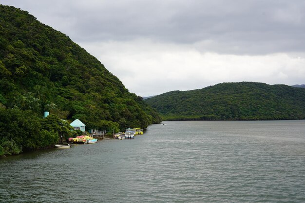 Sceniczny widok rzeki przez góry na tle nieba