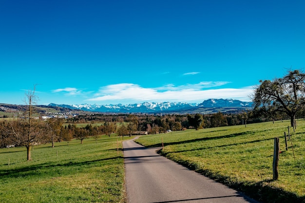 Zdjęcie sceniczny widok trawiastego pola na chmurnym niebie