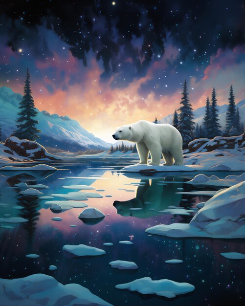 Sceniczny widok z biegunu północnego na nocnym niebie z aurorą niedźwiedzia polarnego na odbiciu jeziora