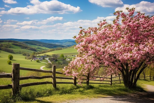 Zdjęcie sceniczny widok z panoramicznym widokiem na krajobraz wiosenny