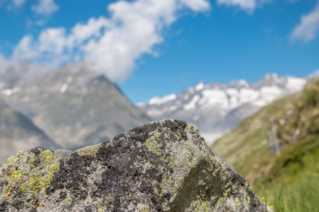 Sceny górskie, spacer po wielkim lodowcu Aletsch, trasa Aletsch Panoramaweg w parku narodowym Szwajcaria, Europa. Letni krajobraz, błękitne niebo i słoneczny dzień