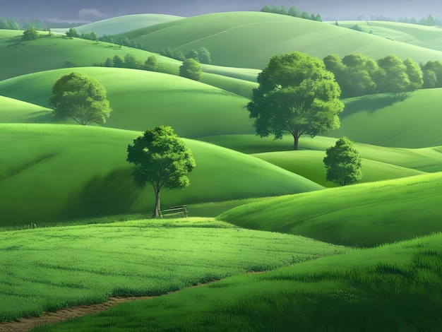 Sceny leśne z zielonymi polami
