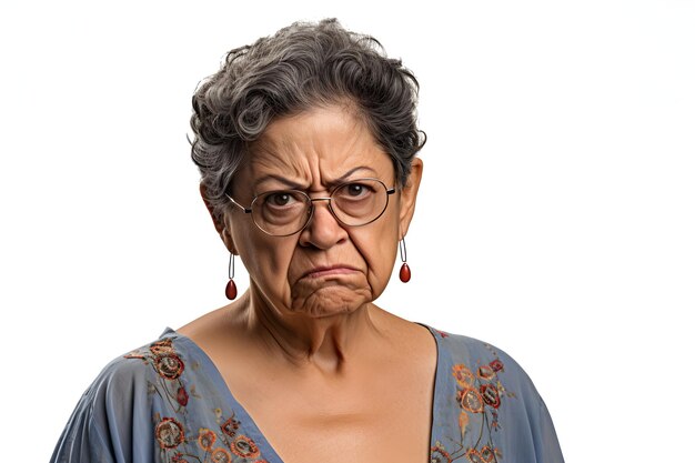 Sceptyczny wzrok starszej latynoamerykańskiej kobiety głowa i ramiona portret na białym tle nerwowy