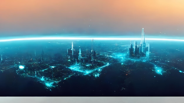 Schemat 3D miasta przyszłości Koncepcja nowego miasta Rendering 3D Ilustracja rastrowa