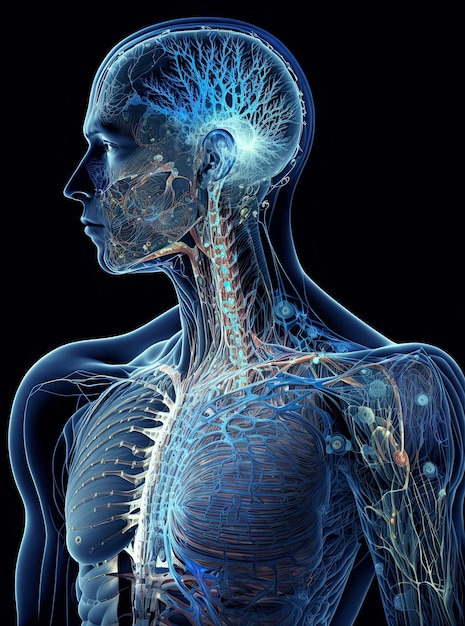 Schemat anatomiczny humanoidalnego ciała cyborga i sztucznej inteligencji