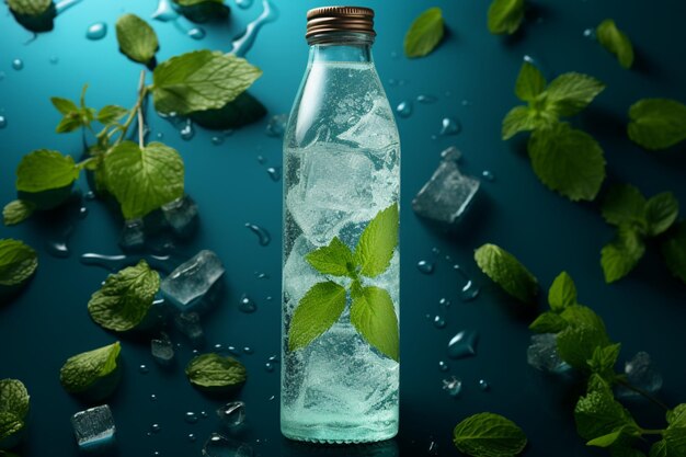 Schłodzona butelka na wodę mroźna z lodem, orzeźwiająco przyozdobiona liśćmi mięty