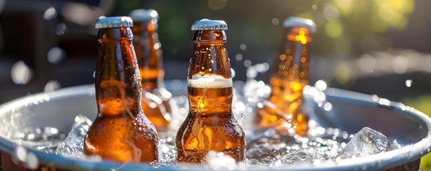 Schłodzone butelki piwa w lodowatej metalowej wannie Koncepcja Lodowate napoje Odświeżające napoje Letnie wibracje Relaks na świeżym powietrzu