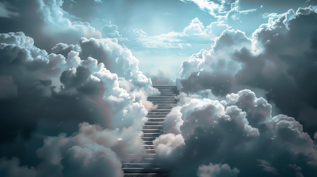 Schody do nieba Piękny eteryczny obraz schodów wznoszących się z pola chmur do jasnego światła
