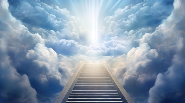 Schody do Niebiańskiej Bramy do Eterycznego Światła, zawieszone w niebiańskich chmurach