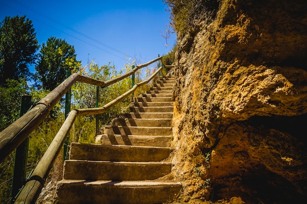 schody, krajobraz z lasami i naturalnym jeziorem w Walencji, Hiszpania