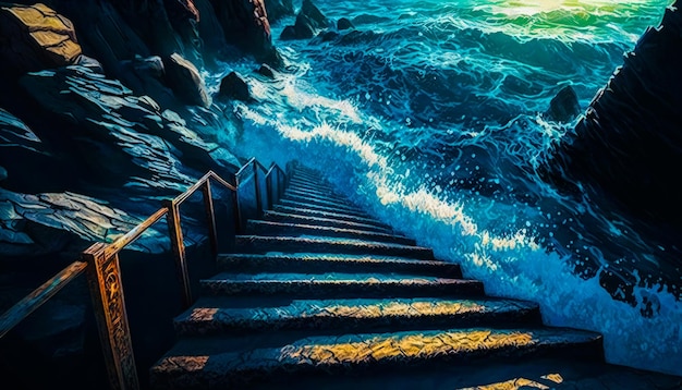 Zdjęcie schody prowadzące do oceanu o zachodzie słońca generatywna sztuczna inteligencja