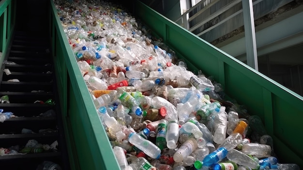 Schody ruchome ze stosem plastikowych butelek w fabryce do przetwarzania i recyklingu zakładu recyklingu PET