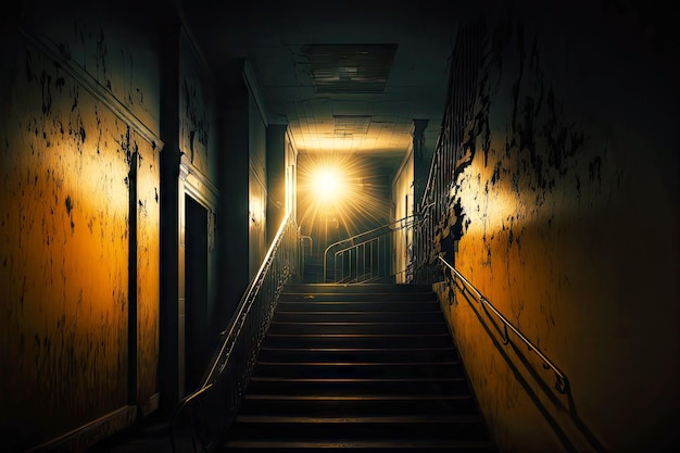Schody w szpitalnym korytarzu ze światłem płonącym w nocy
