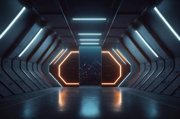 Sci Fi futurystyczna scena studyjna w ciemnym pokoju na stacji kosmicznej ze świecącymi neonami w tle