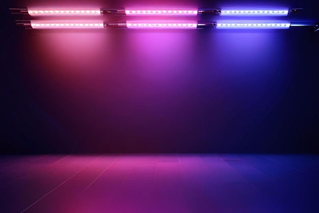 Zdjęcie sci fi modern elegant futuristic cyber neon led studio big panel lights blue purple glowing lights on dark empty grunge concrete room background stage 3d rendering illustration