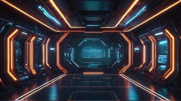 Sci futurystyczny etap studyjny ciemny pokój na stacji kosmicznej z świecącymi neonowymi światłami w tle