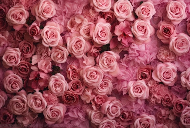 ściana kwiatowa z różowych róż w stylu ciasno przyciętych kompozycji