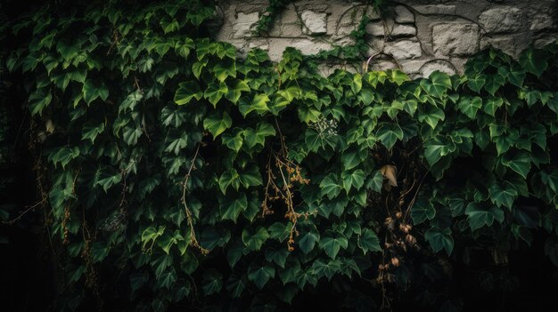 Ściana pokryta winoroślą i zielonymi liśćmi generatywnymi ai