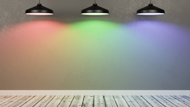 Ściana pustego pokoju oświetlona lampami RGB