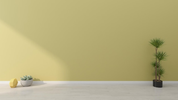Ściana wewnętrzna salonu makieta z żółtym fotelem na pustym tle ściany w kolorze kremowym