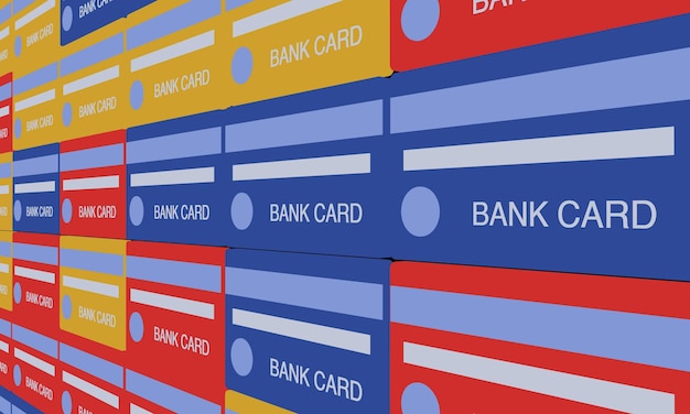 Ściana wielu kart bankowych w różnych kolorach pod kątem