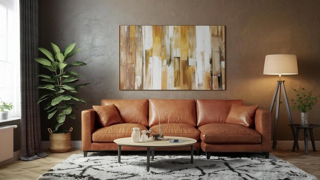 Ściana wnętrza salonu w ciepłych tonach z skórzaną kanapą na białym tle ściany3d rendering