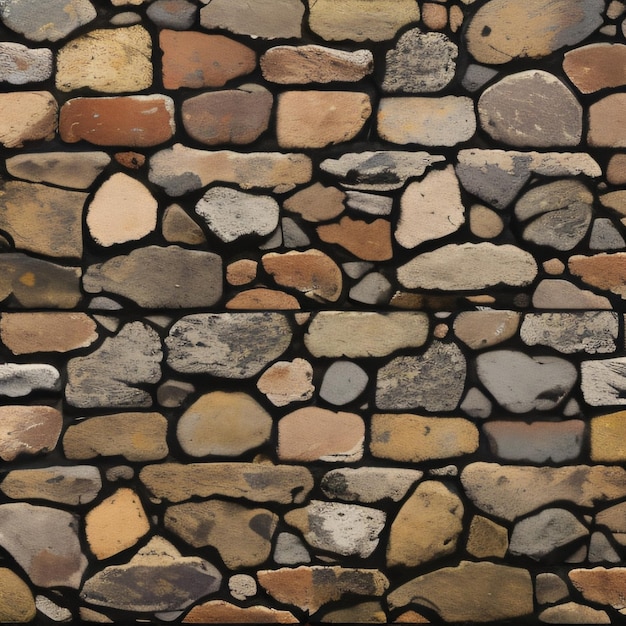 Ściana wykonana z kamieni z kamieniem i brązowymi i żółtymi kolorami.
